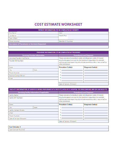 cost estimate worksheet