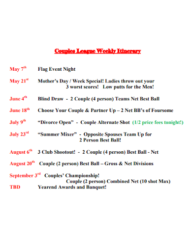 couples league weekly itinerary