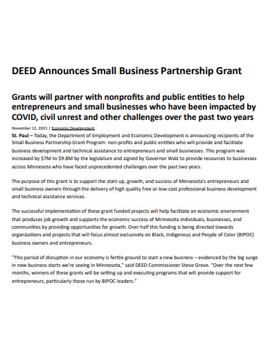deed small business partnership grant