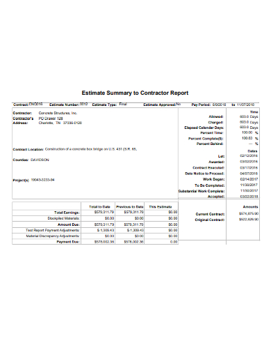 estimate summary to contractor report