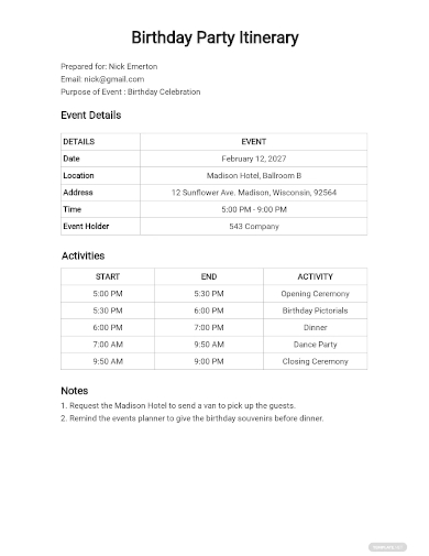 free birthday party itinerary template