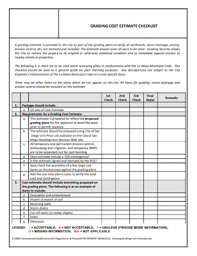 grading cost estimate checklist