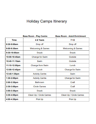 holiday camps itinerary