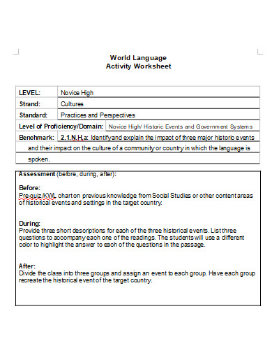 language activity worksheet