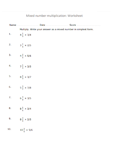 mixed number multiplication worksheet