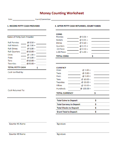 money counting worksheet