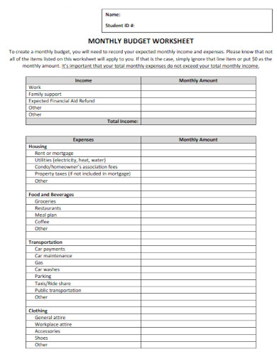 monthly student budget worksheet