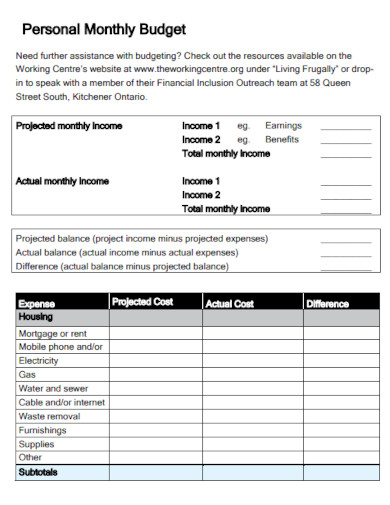 personal monthly budget worksheet