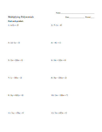 polynomials multiplication worksheet