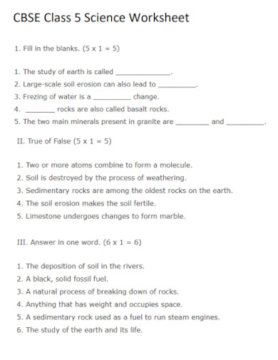 science worksheet for class