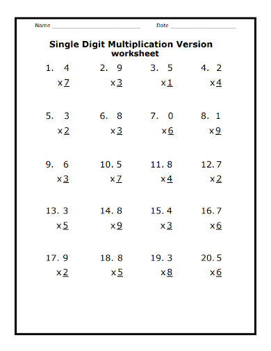 single digit multiplication version worksheet