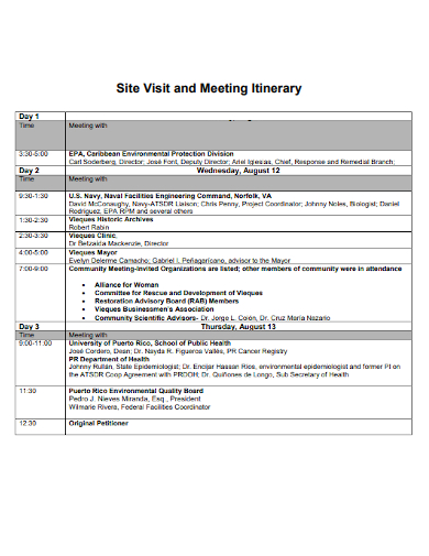 site visit and meeting itinerary