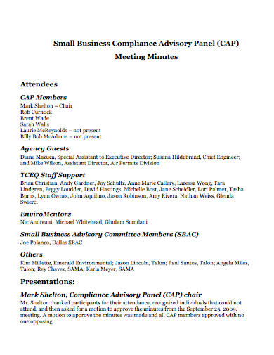 small business compliance advisory panel meeting minutes
