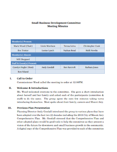 small business development committee meeting minutes