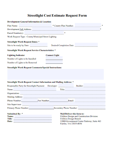 streetlight cost estimate request form