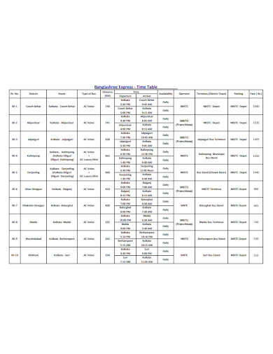 time table chart sample