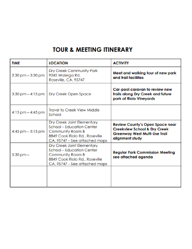 tour meeting itinerary