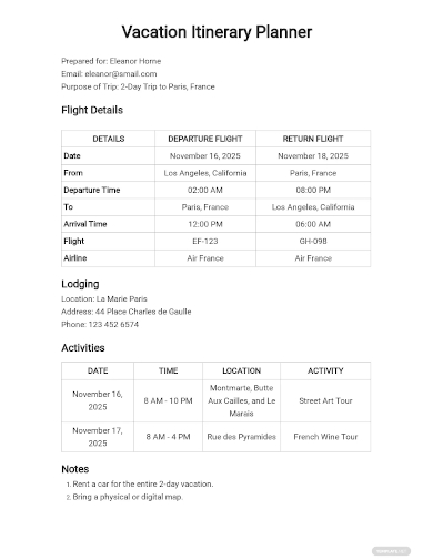 vacation itinerary planner template