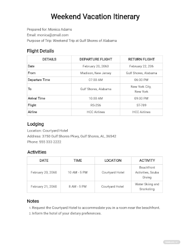 vacation itinerary template