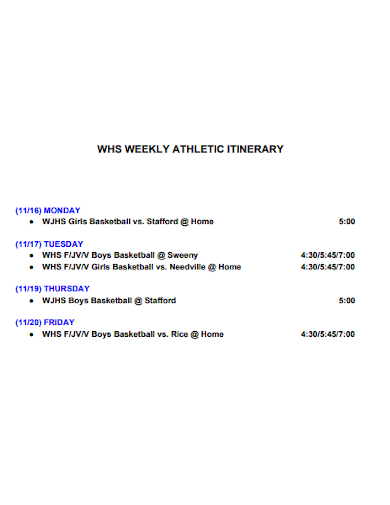 weekly athletic itinerary