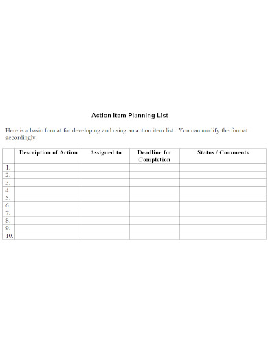 action item planning list