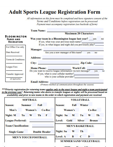 adult sports league registration form 