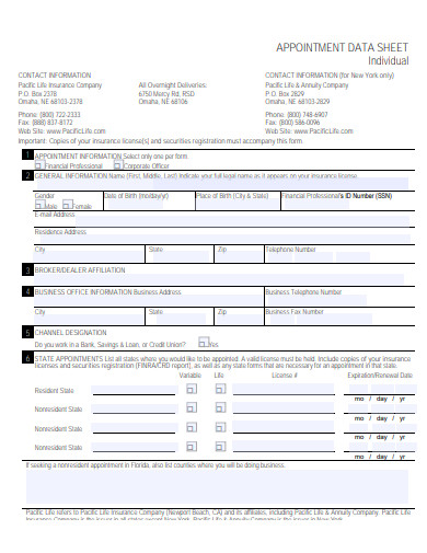appointment data sheet