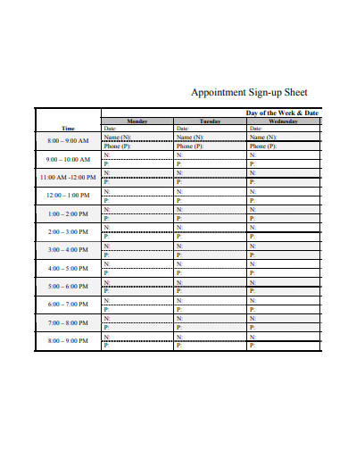 appointment sign up sheet