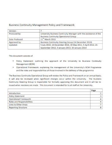 business continuity management policy framework