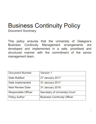 business continuity policy example