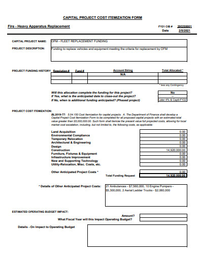 captal project cost itemization form