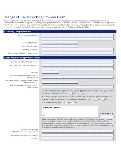 change of travel booking provider form