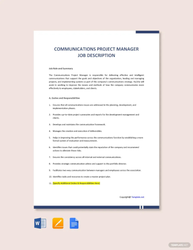 communications project manager job description template