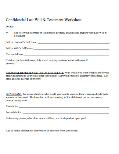 confidential last will testament worksheet