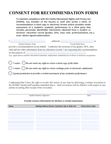 consent for recommendation form