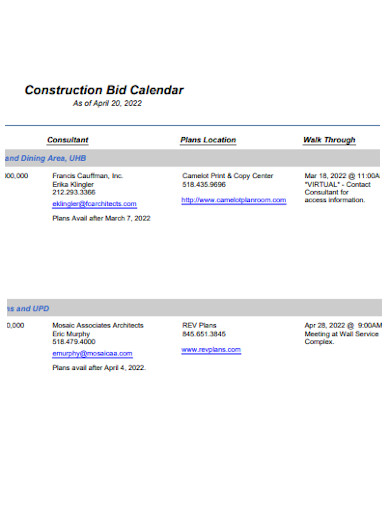 construction bid calendar