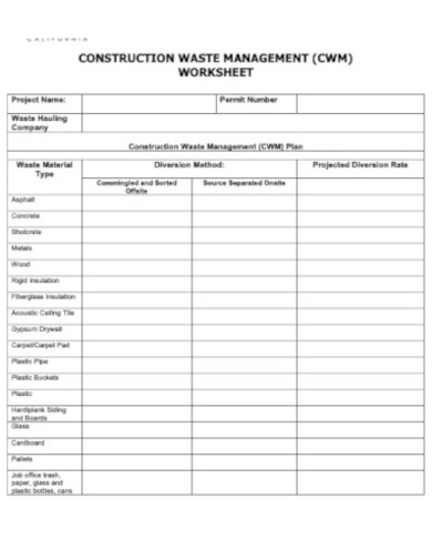 construction worksheet waste management