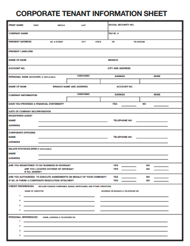 corporate tenant information sheet