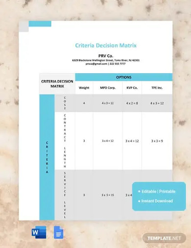 criteria decision matrix template