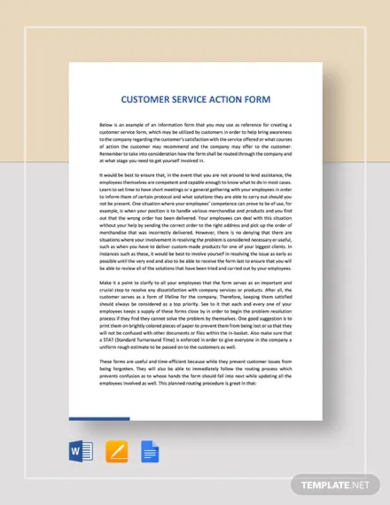 customer service action form template