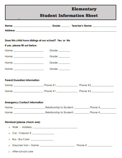 elimentary student information sheet