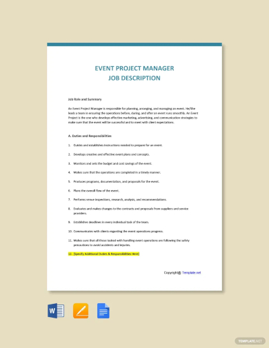 event project manager job description template