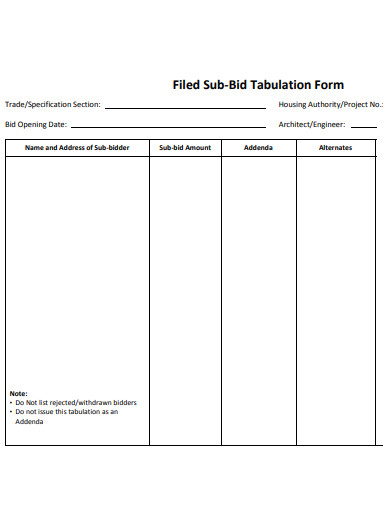 filed sub bid tabulation form