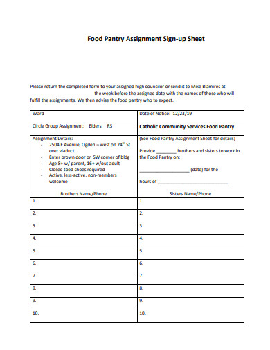 food pantry assignment sign up sheet