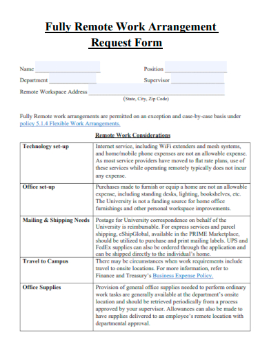 fully remote work arrangement request form