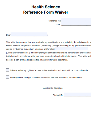 health science reference form waiver