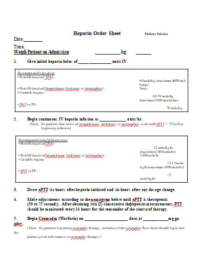 heparin order sheet