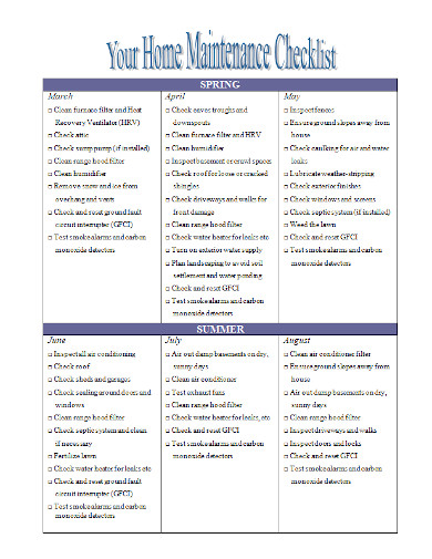 home maintenance checklist in doc
