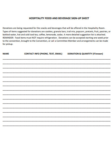 hospitality food and beverage sign up sheet