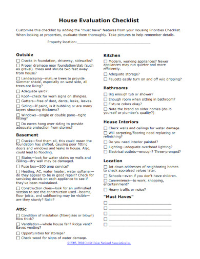 house evaluation checklist